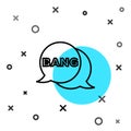 Black line Bang boom, gun Comic text speech bubble balloon icon isolated on white background. Random dynamic shapes