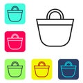 Black line Beach bag icon isolated on white background. Set icons in color square buttons. Vector Royalty Free Stock Photo