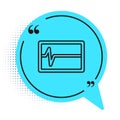 Black line Beat dead in monitor icon isolated on white background. ECG showing death. Blue speech bubble symbol. Vector