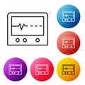 Black line Beat dead in monitor icon isolated on white background. ECG showing death. Set icons colorful circle buttons Royalty Free Stock Photo