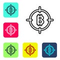 Black line Bitcoin in the target icon isolated on white background. Investment target icon. Set icons in color square Royalty Free Stock Photo