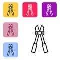 Black line Bolt cutter icon isolated on white background. Scissors for reinforcement bars tool. Set icons in color