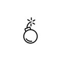 Black line bomb icon. Round glossy inclined to the right bomb with fuse and fire.