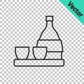 Black line Bottle of sake, small cup of sake icon isolated on transparent background. Vector Royalty Free Stock Photo