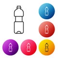 Black line Bottle of water icon isolated on white background. Soda aqua drink sign. Set icons colorful circle buttons Royalty Free Stock Photo