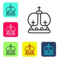 Black line British crown icon isolated on white background. Set icons in color square buttons. Vector Royalty Free Stock Photo