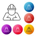 Black line Builder icon isolated on white background. Construction worker. Set icons colorful circle buttons. Vector Royalty Free Stock Photo