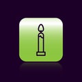 Black line Burning candle icon isolated on black background. Cylindrical candle stick with burning flame. Green square Royalty Free Stock Photo