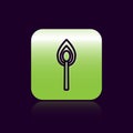 Black line Burning match with fire icon isolated on black background. Match with fire. Matches sign. Green square button Royalty Free Stock Photo