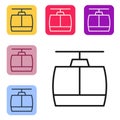 Black line Cable car icon isolated on white background. Funicular sign. Set icons in color square buttons. Vector