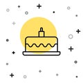 Black line Cake with burning candles icon isolated on white background. Happy Birthday. Random dynamic shapes. Vector Royalty Free Stock Photo
