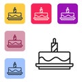 Black line Cake with burning candles icon isolated on white background. Happy Birthday. Set icons in color square Royalty Free Stock Photo