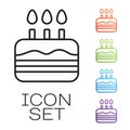 Black line Cake with burning candles icon isolated on white background. Happy Birthday. Set icons colorful. Vector Royalty Free Stock Photo