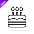 Black line Cake with burning candles icon isolated on white background. Happy Birthday. Vector Royalty Free Stock Photo