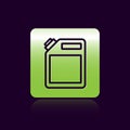 Black line Canister for gasoline icon isolated on black background. Diesel gas icon. Green square button. Vector