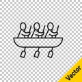 Black line Canoe rowing team sports icon isolated on transparent background. Three athletes with oars rowing in boat