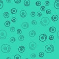 Black line Car brake disk with caliper icon isolated seamless pattern on green background. Vector Royalty Free Stock Photo
