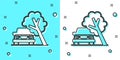 Black line Car damaged by fallen tree icon isolated on green and white background. Auto insurance case. Car crash with