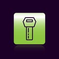 Black line Car key with remote icon isolated on black background. Car key and alarm system. Green square button. Vector Royalty Free Stock Photo