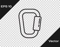 Black line Carabiner icon isolated on transparent background. Extreme sport. Sport equipment. Vector Illustration