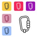 Black line Carabiner icon isolated on white background. Extreme sport. Sport equipment. Set icons in color square Royalty Free Stock Photo