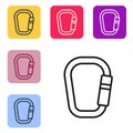 Black line Carabiner icon isolated on white background. Extreme sport. Sport equipment. Set icons in color square Royalty Free Stock Photo