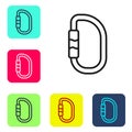 Black line Carabiner icon isolated on white background. Extreme sport. Sport equipment. Set icons in color square Royalty Free Stock Photo