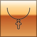 Black line Christian cross on chain icon isolated on gold background. Church cross. Vector Illustration. Royalty Free Stock Photo