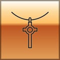 Black line Christian cross on chain icon isolated on gold background. Church cross. Vector Illustration Royalty Free Stock Photo