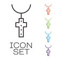 Black line Christian cross on chain icon isolated on white background. Church cross. Set icons colorful. Vector Royalty Free Stock Photo