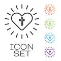 Black line Christian cross and heart icon isolated on white background. Happy Easter. Set icons colorful. Vector Royalty Free Stock Photo