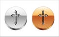 Black line Christian cross icon isolated on white background. Church cross. Silver-gold circle button. Vector Royalty Free Stock Photo