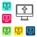 Black line Christian cross on monitor icon isolated on white background. Church cross. Set icons in color square buttons Royalty Free Stock Photo