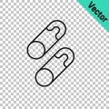 Black line Classic closed steel safety pin icon isolated on transparent background. Vector
