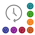 Black line Clock icon isolated on white background. Time symbol. Set icons in color circle buttons. Vector Royalty Free Stock Photo