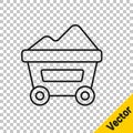 Black line Coal mine trolley icon isolated on transparent background. Factory coal mine trolley. Vector