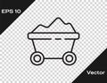 Black line Coal mine trolley icon isolated on transparent background. Factory coal mine trolley. Vector Illustration