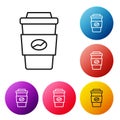 Black line Coffee cup to go icon isolated on white background. Set icons colorful circle buttons. Vector Royalty Free Stock Photo