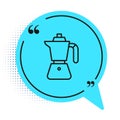 Black line Coffee maker moca pot icon isolated on white background. Blue speech bubble symbol. Vector