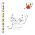 Black line and color version of cartoon horned red laughing monster
