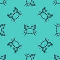 Black line Crab icon isolated seamless pattern on green background. Vector