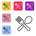 Black line Crossed fork and spoon icon isolated on white background. Cooking utensil. Cutlery sign. Set icons in color Royalty Free Stock Photo