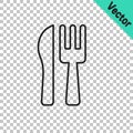 Black line Crossed knife and fork icon isolated on transparent background. Cutlery symbol. Vector Royalty Free Stock Photo