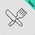 Black line Crossed knife and fork icon isolated on transparent background. Cutlery symbol. Vector Royalty Free Stock Photo