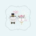 Black line cute happy stylish bride and groom cats couple icons frame Royalty Free Stock Photo