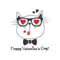 Black line cute kissing cat face icon with heart sunglasses and bow tie on white background Royalty Free Stock Photo