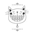 Black line cute orthodontics black cat face icon with collar bell on white Royalty Free Stock Photo