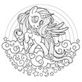 Black line cute rainbow unicorn for coloring book or page. Black and white. Beautiful pony princess character vector illustration