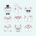 Black line cute smiling cats with different faces icons