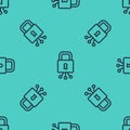 Black line Cyber security icon isolated seamless pattern on green background. Closed padlock on digital circuit board Royalty Free Stock Photo